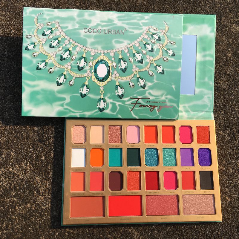 28-color eyeshadow palette, long-lasting waterproof, glitter powder, pearlescent, waterproof, rose sand, earth pumpkin, nude, matte, and high gloss Specification image