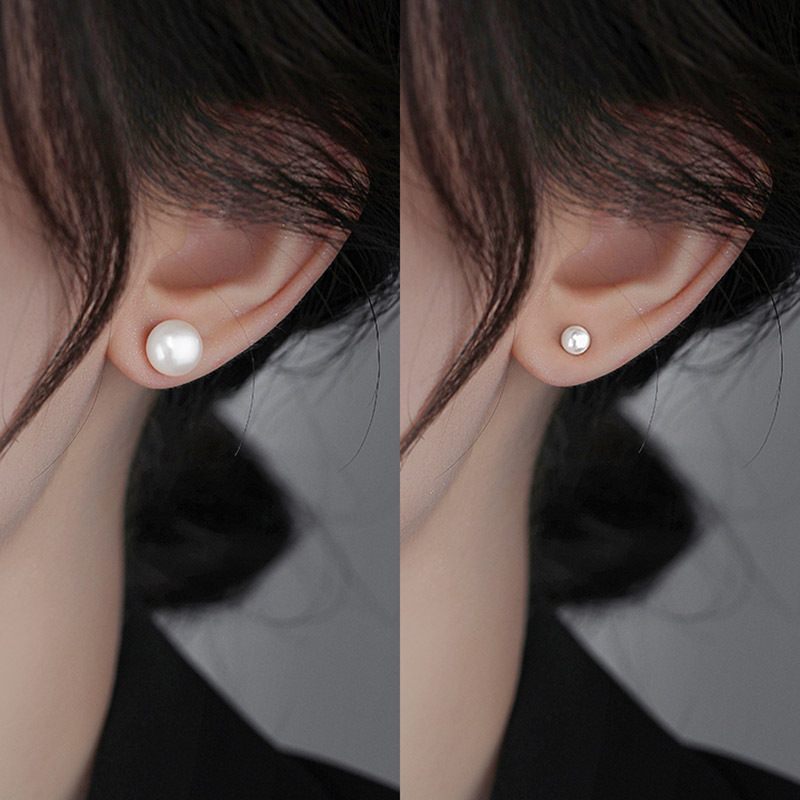 Pearl stud earrings, New European fashion accessories, New European fashion accessories, trendy earrings, freshwater pearl stud earrings. Double-sided design: one side is pearl for more elegance, and the other side is round for more refinement. New European fashion, New European fashion accessories, freshwater beads Application Scenario