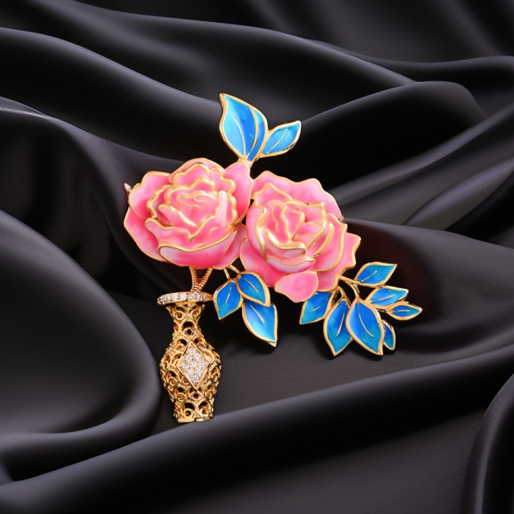 Chinese-style exquisite peony bouquet vase brooch, enamel color design sense, high-end brooch, elegant Chinese brooch accessory brooch detail image 5
