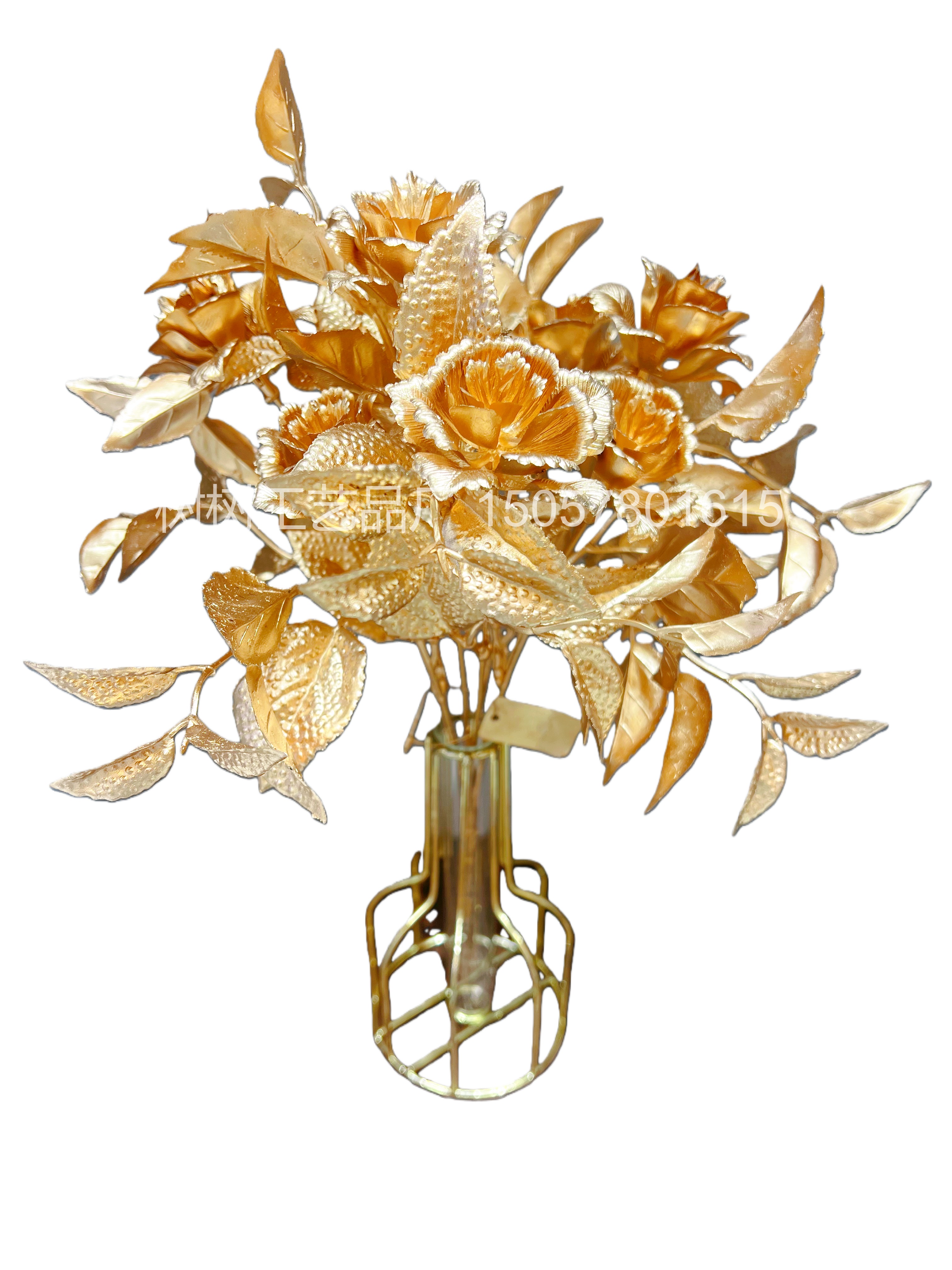 新款5叉金色橘皮玫瑰仿真花圣诞花装饰家居装饰礼品配件圣诞花配件仿真花