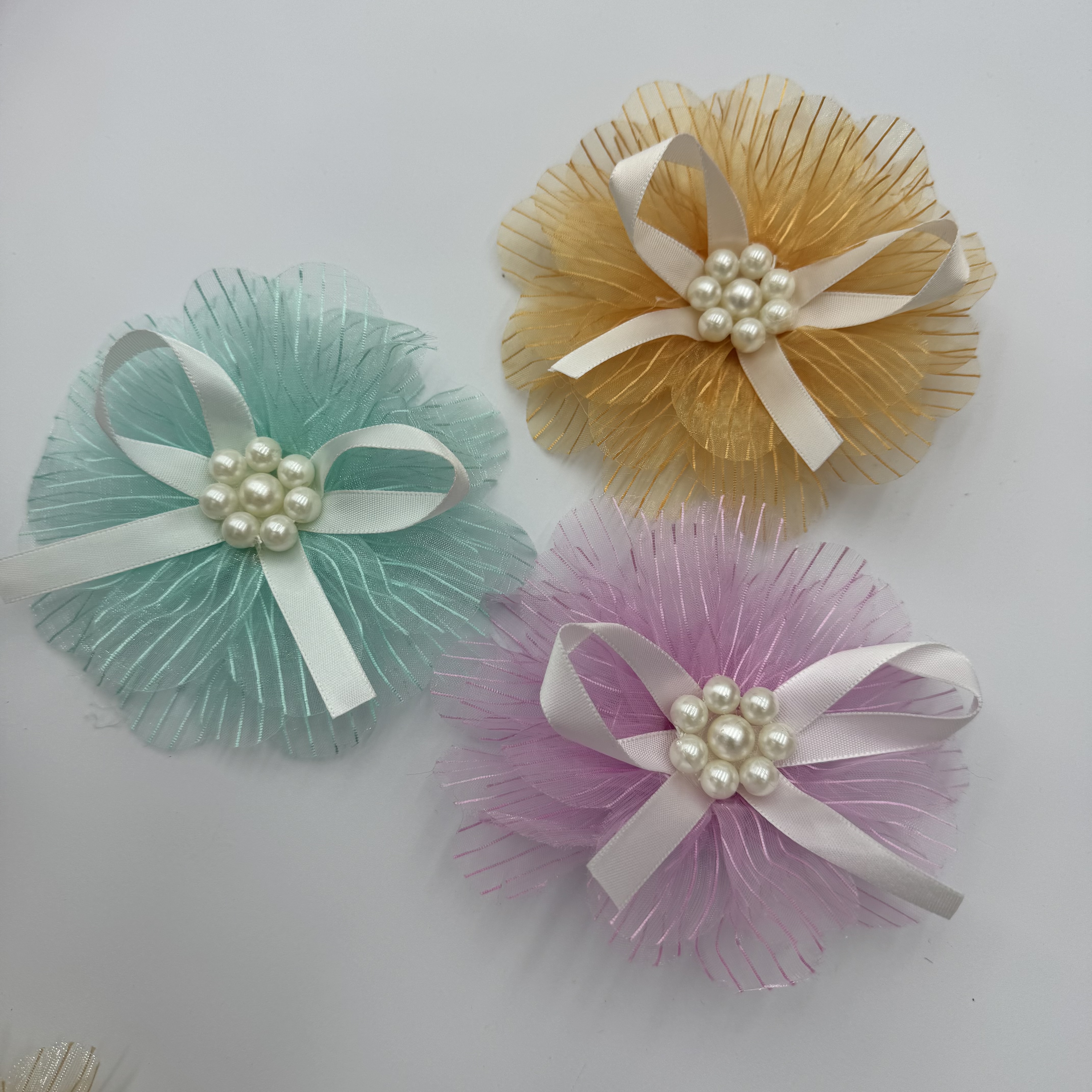 Bow, ribbon, handmade pearl yarn flower, organza flower, diy accessories, hair accessories, clothing accessories, flower accessories, ribbon, bow shoes, flower head, flower, clothing accessories Application Scenario