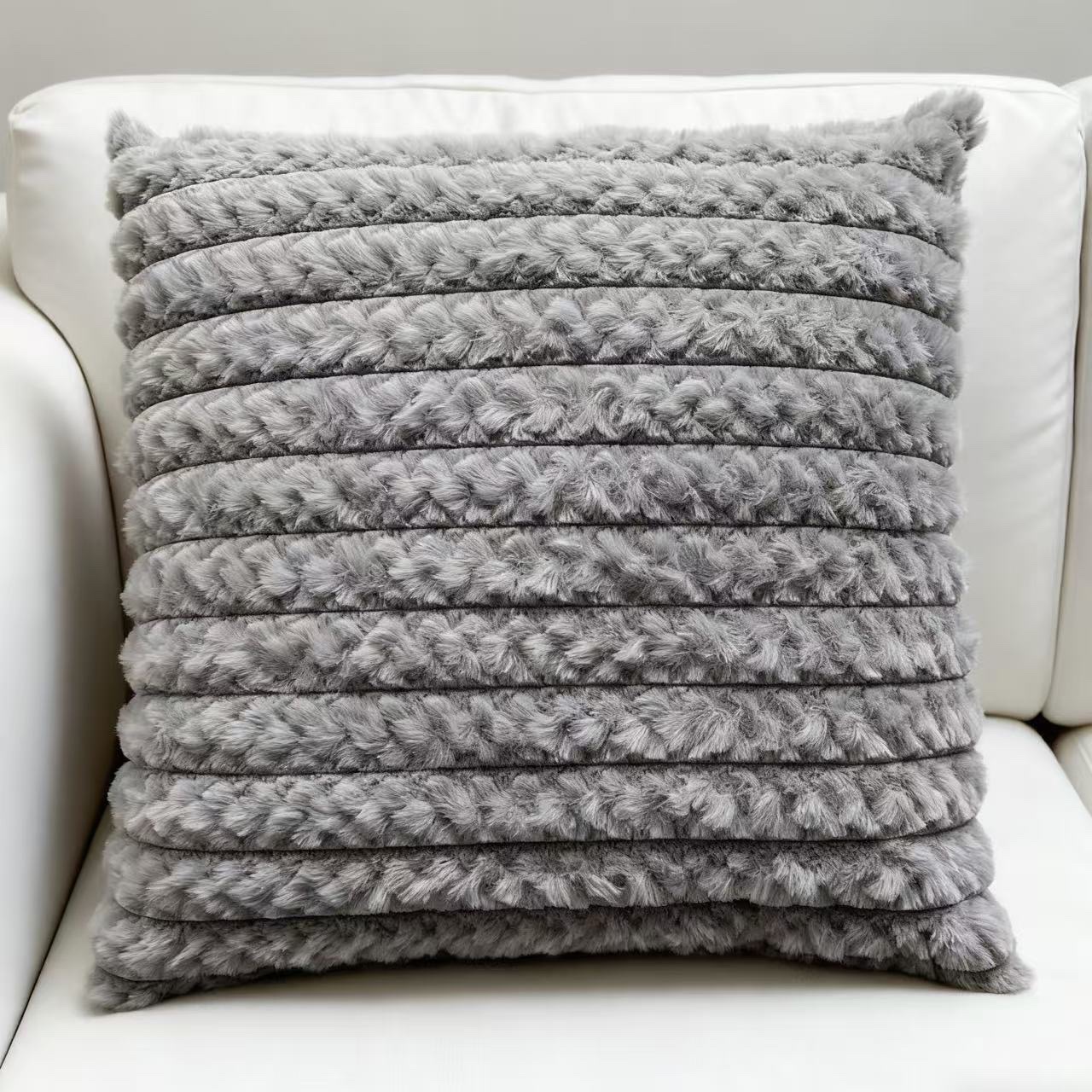 Cross-border Nordic minimalist rabbit fur striped brushed sofa pillowcase, light luxury bedroom soft and sticky cushion, home solid color pillow detail image 9