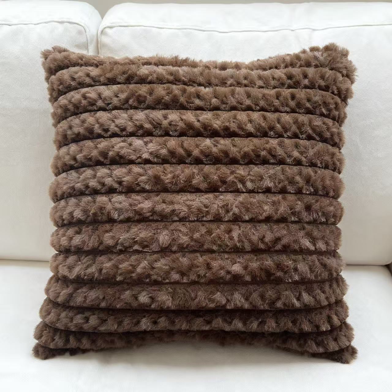 Cross-border Nordic minimalist rabbit fur striped brushed sofa pillowcase, light luxury bedroom soft and sticky cushion, home solid color pillow detail image 8