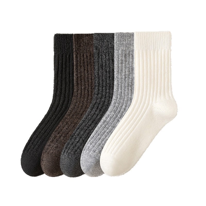 Double-needle wool socks for men's autumn and winter, thickened and fleece casual business socks, comfortable, warm and simple medium to long cashmere socks