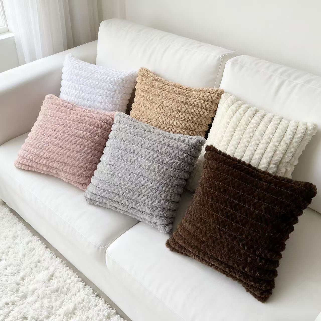 Cross-border Nordic minimalist rabbit fur striped brushed sofa pillowcase, light luxury bedroom soft and sticky cushion, home solid color pillow details Picture
