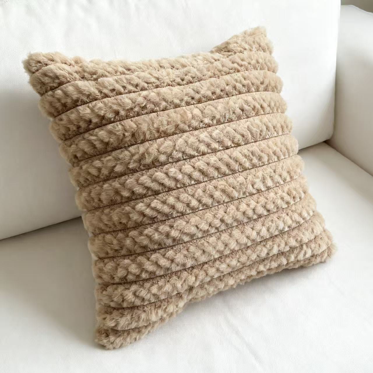 Cross-border Nordic minimalist rabbit fur striped brushed sofa pillowcase, light luxury bedroom soft and sticky cushion, home solid color pillow detail image 7