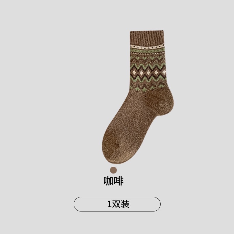 CHEEMY FREE Autumn and Winter Socks Women's Fair Island-style Wool mid-calf Women's Socks Autumn and winter Warm retro Pile socks Item Picture
