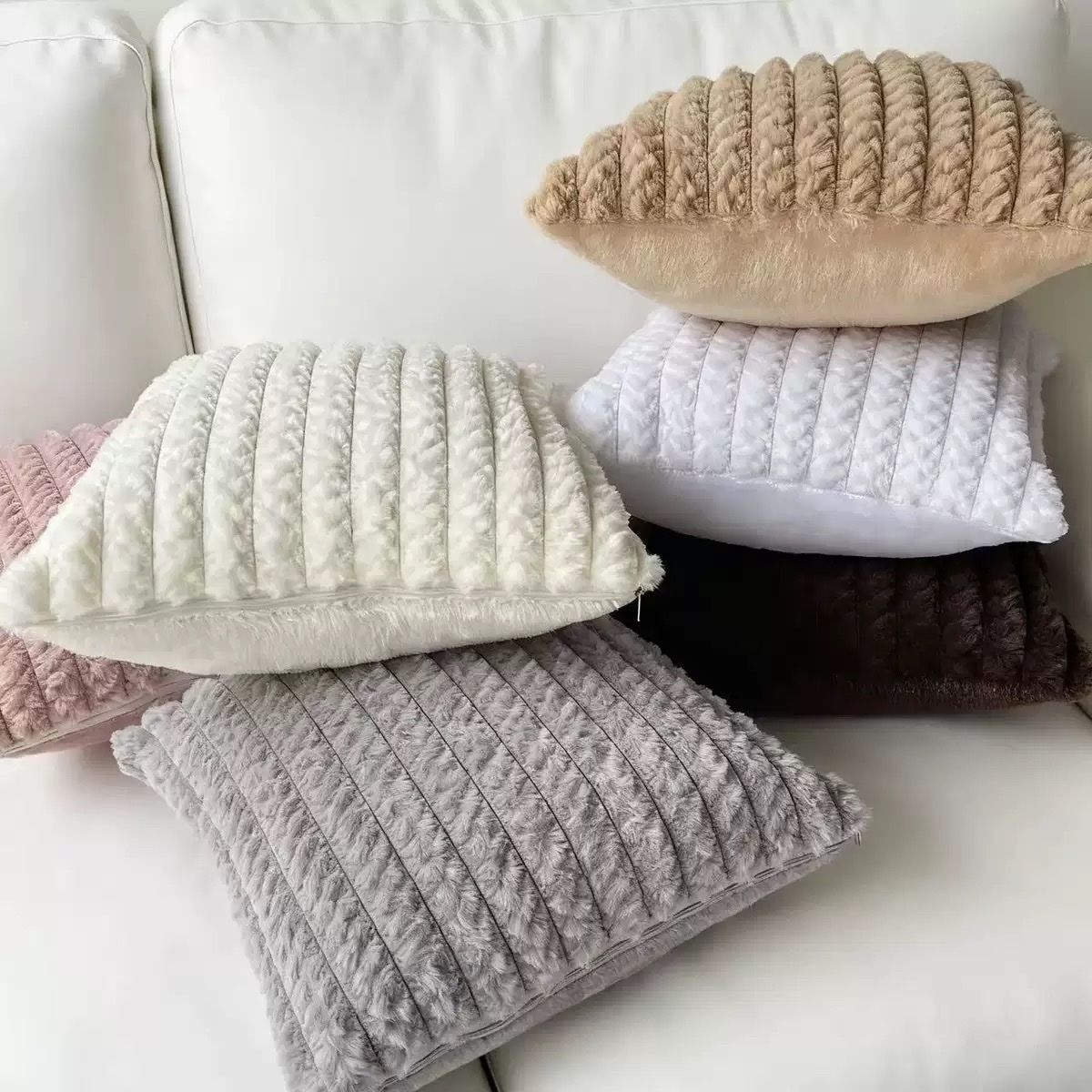 Cross-border Nordic minimalist rabbit fur striped brushed sofa pillowcase, light luxury bedroom soft and sticky cushion, home solid color pillow detail image 2