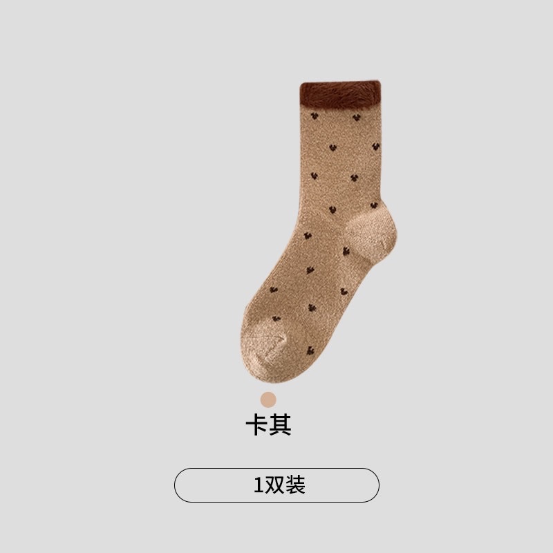 CHEEMY FREE Autumn/Winter New Polka dot Versatile wool mid-calf women's socks Warm Coffee-colored fleece pile women's socks Specification image