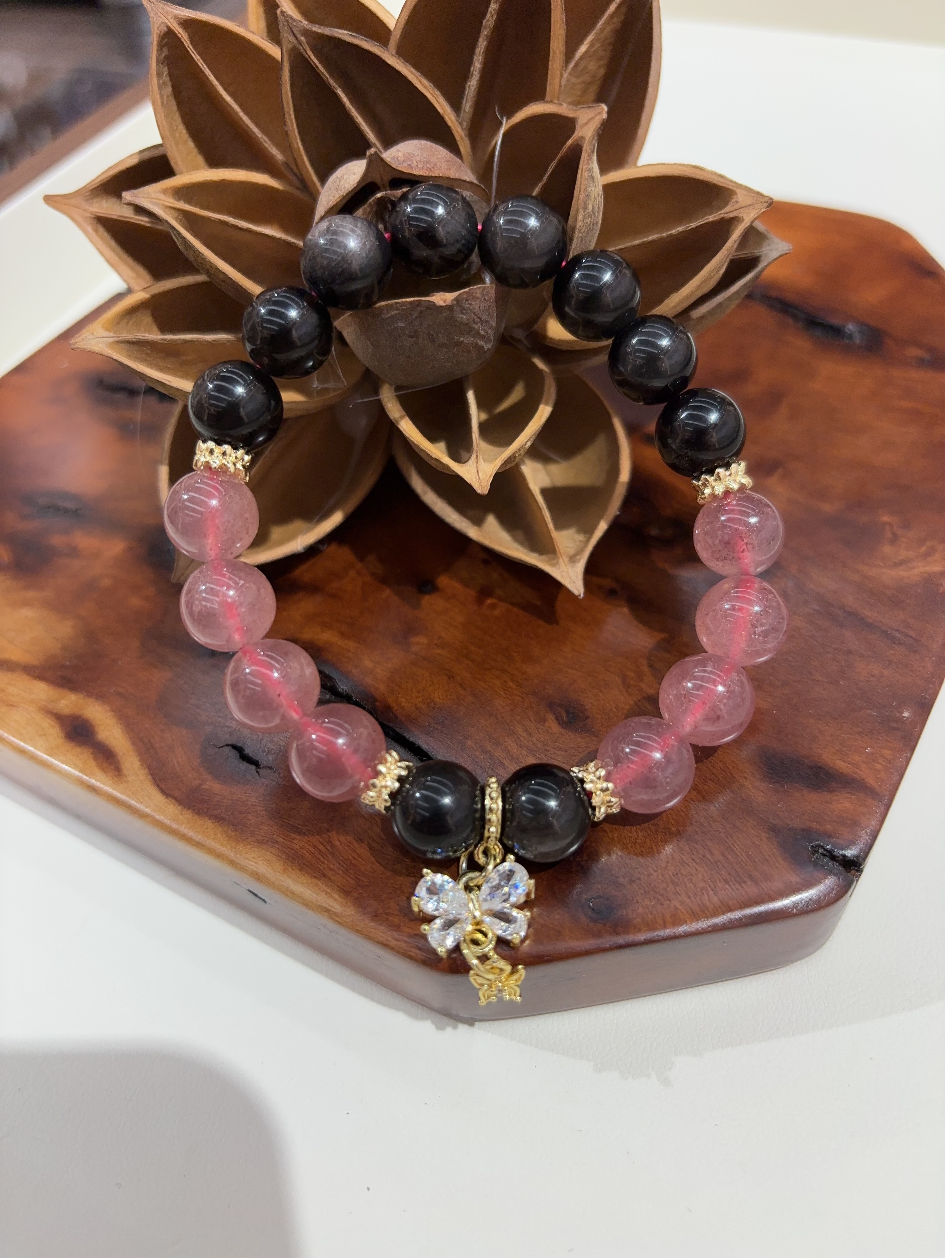 天然草莓晶黑曜石手链女款单圈简约百搭饰品礼物送女友闺蜜双蝴蝶手链产品图