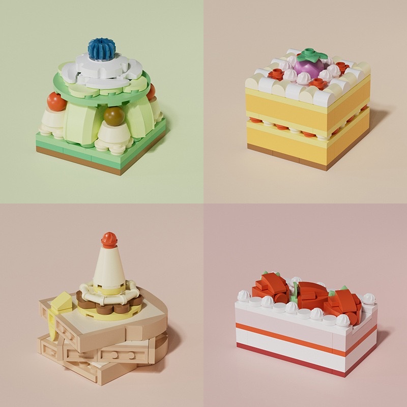 Afternoon tea desserts: cream, orange jelly, mousse, chocolate cake, assembly model, building block toys details Picture