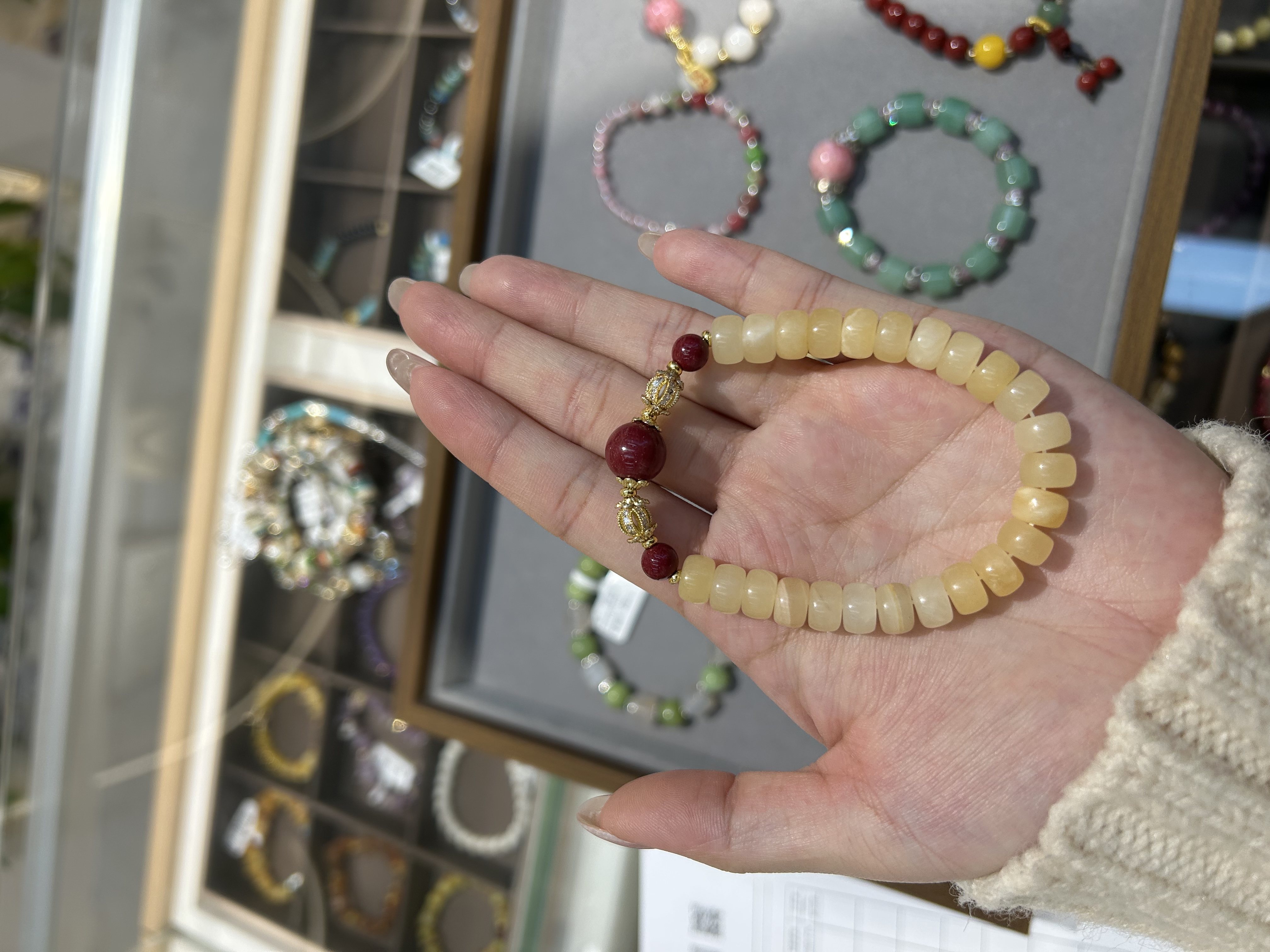 奶油黄玉菩提根手串男女款天然黄玛瑙原珠手串