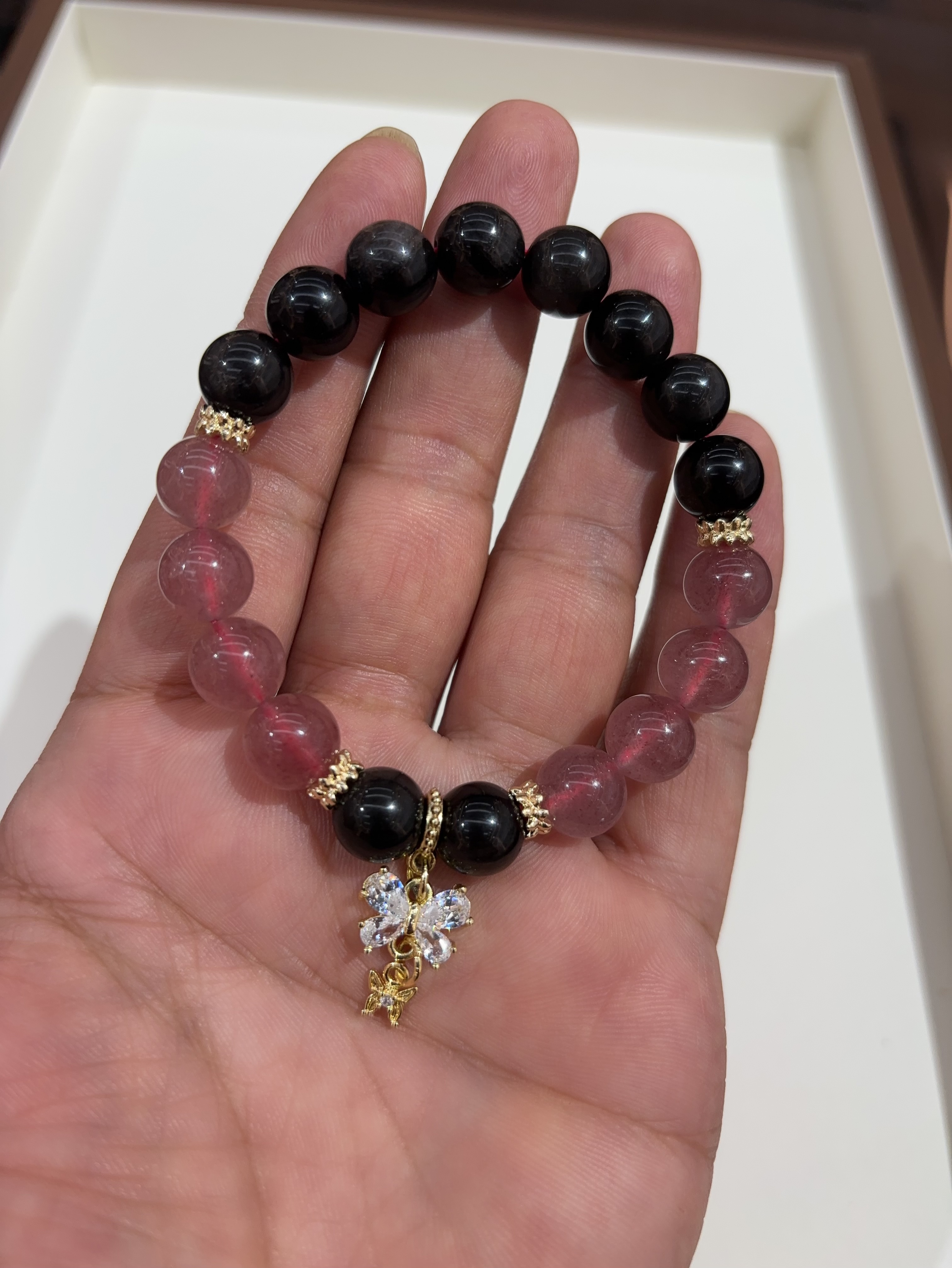 天然草莓晶黑曜石手链女款单圈简约百搭饰品礼物送女友闺蜜双蝴蝶手链详情图5