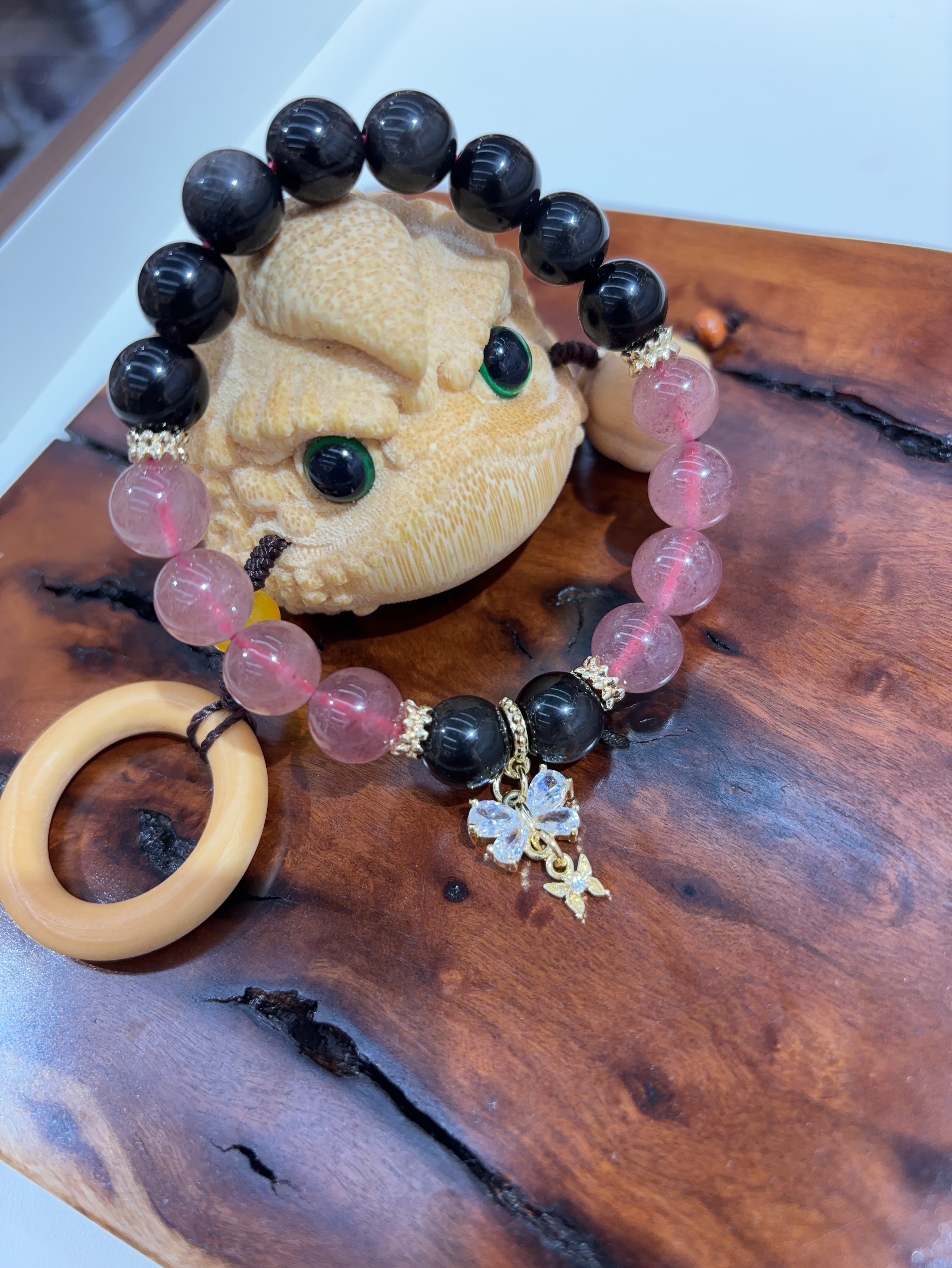 天然草莓晶黑曜石手链女款单圈简约百搭饰品礼物送女友闺蜜双蝴蝶手链详情图4