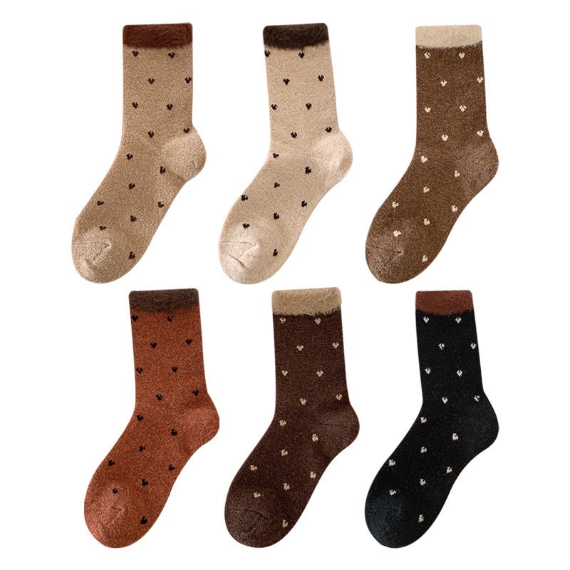 CHEEMY FREE Autumn/Winter New Polka dot Versatile wool mid-calf women's socks Warm Coffee-colored fleece pile women's socks