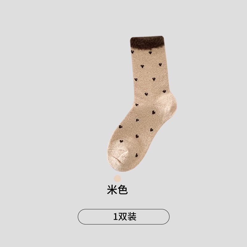 CHEEMY FREE Autumn/Winter New Polka dot Versatile wool mid-calf women's socks Warm Coffee-colored fleece pile women's socks details Picture