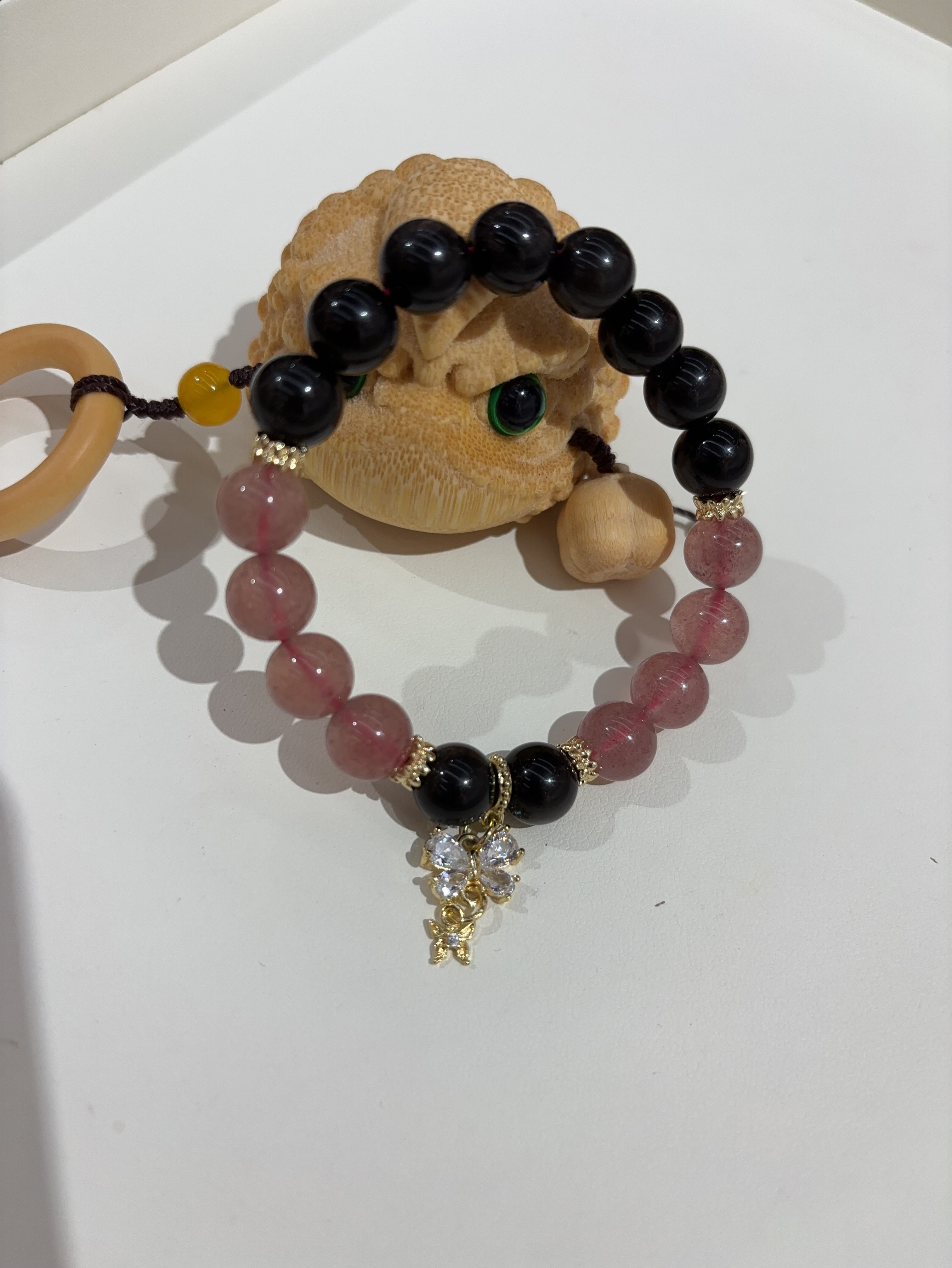 天然草莓晶黑曜石手链女款单圈简约百搭饰品礼物送女友闺蜜双蝴蝶手链白底实物图