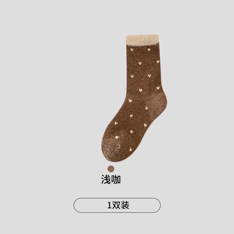 CHEEMY FREE Autumn/Winter New Polka dot Versatile wool mid-calf women's socks Warm Coffee-colored fleece pile women's socks Item Picture