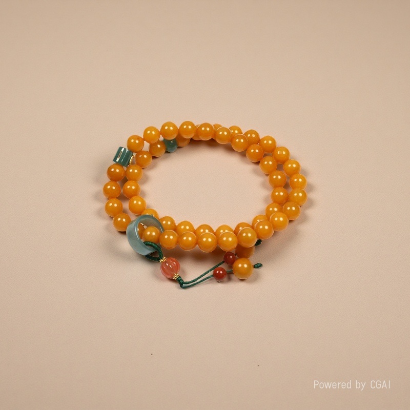 15- Old wax round bead jade bezel double-ring bracelet, light luxury, high-end and fashionable amber bracelet, exquisite and versatile details Picture