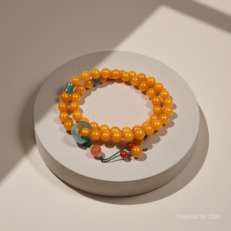 15- Old wax round bead jade bezel double-ring bracelet, light luxury, high-end and fashionable amber bracelet, exquisite and versatile Application Scenario
