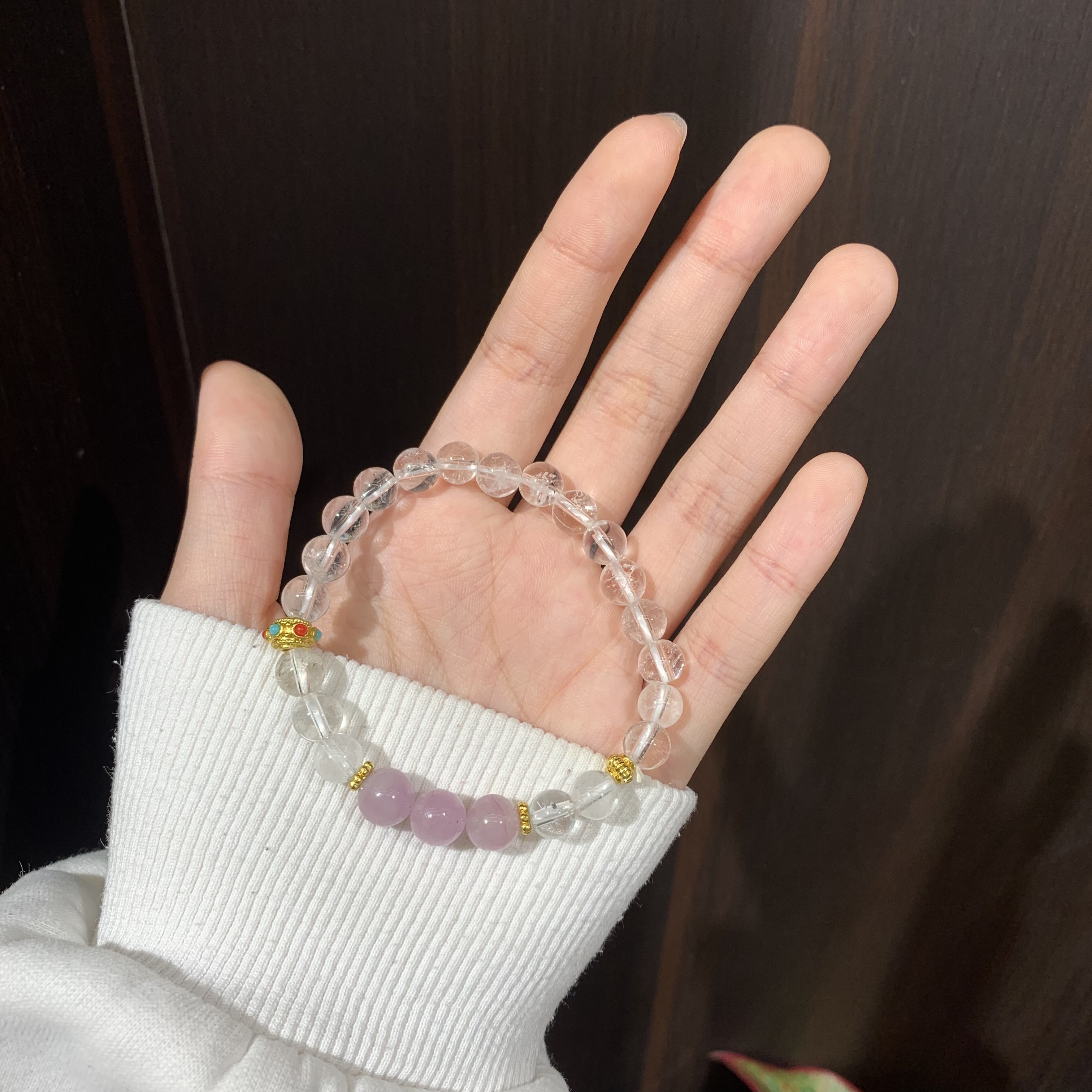 白水晶、紫锂云母手串，原创设计手链