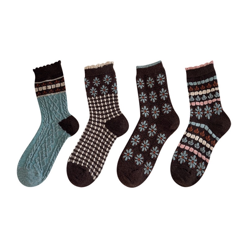 CHEEMY FREE's new autumn and winter vintage floral wool women's socks, Korean ins style, versatile and warm pile socks Item Picture