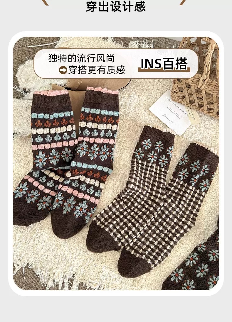 CHEEMY FREE's new autumn and winter vintage floral wool women's socks, Korean ins style, versatile and warm pile socks detail image 8