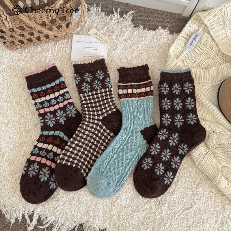 CHEEMY FREE's new autumn and winter vintage floral wool women's socks, Korean ins style, versatile and warm pile socks