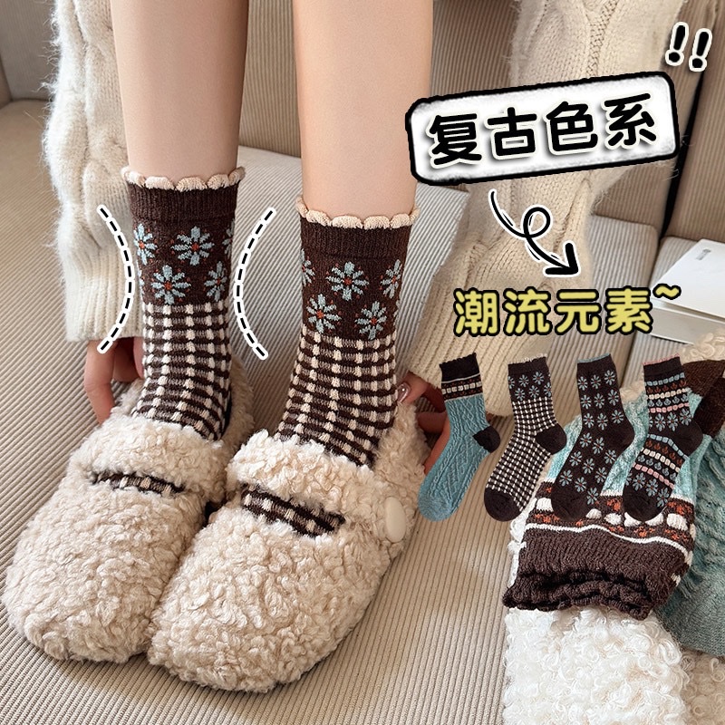 CHEEMY FREE's new autumn and winter vintage floral wool women's socks, Korean ins style, versatile and warm pile socks details Picture