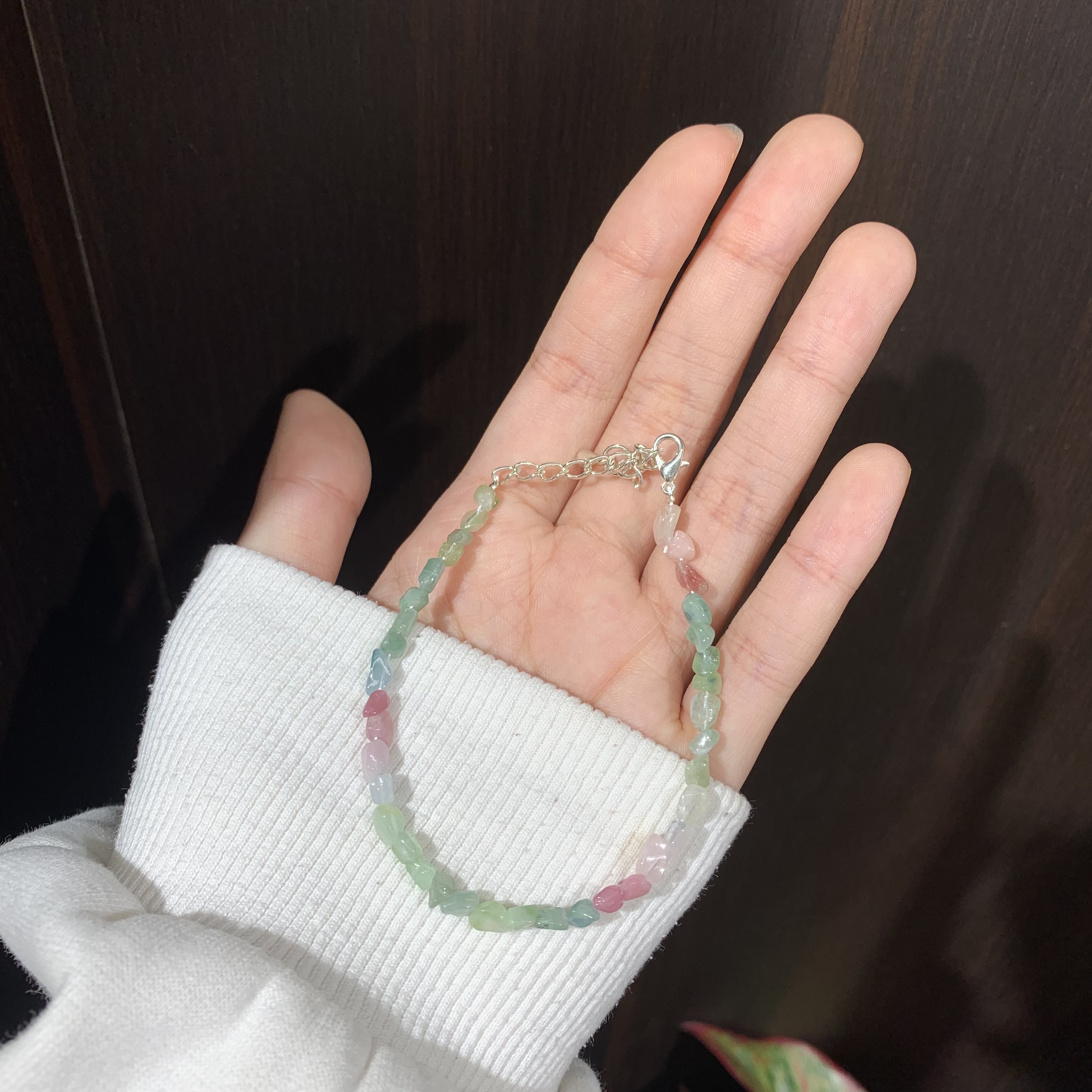 东陵玉粉水晶手串，原创设计手链