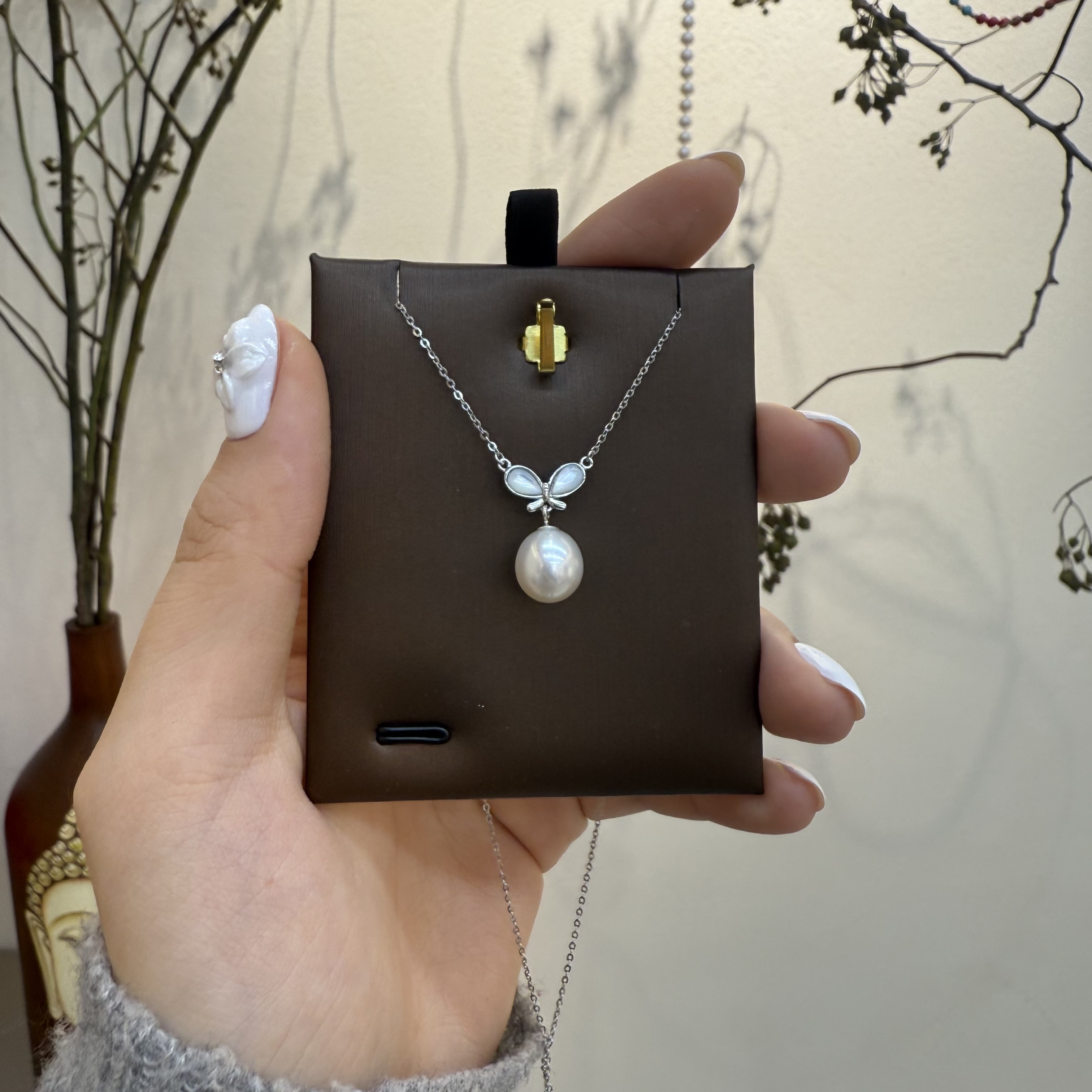 12mm简约蝴蝶款淡水珍珠925银  简约风格珍珠项链女时尚首饰简约百搭潮流项链饰品