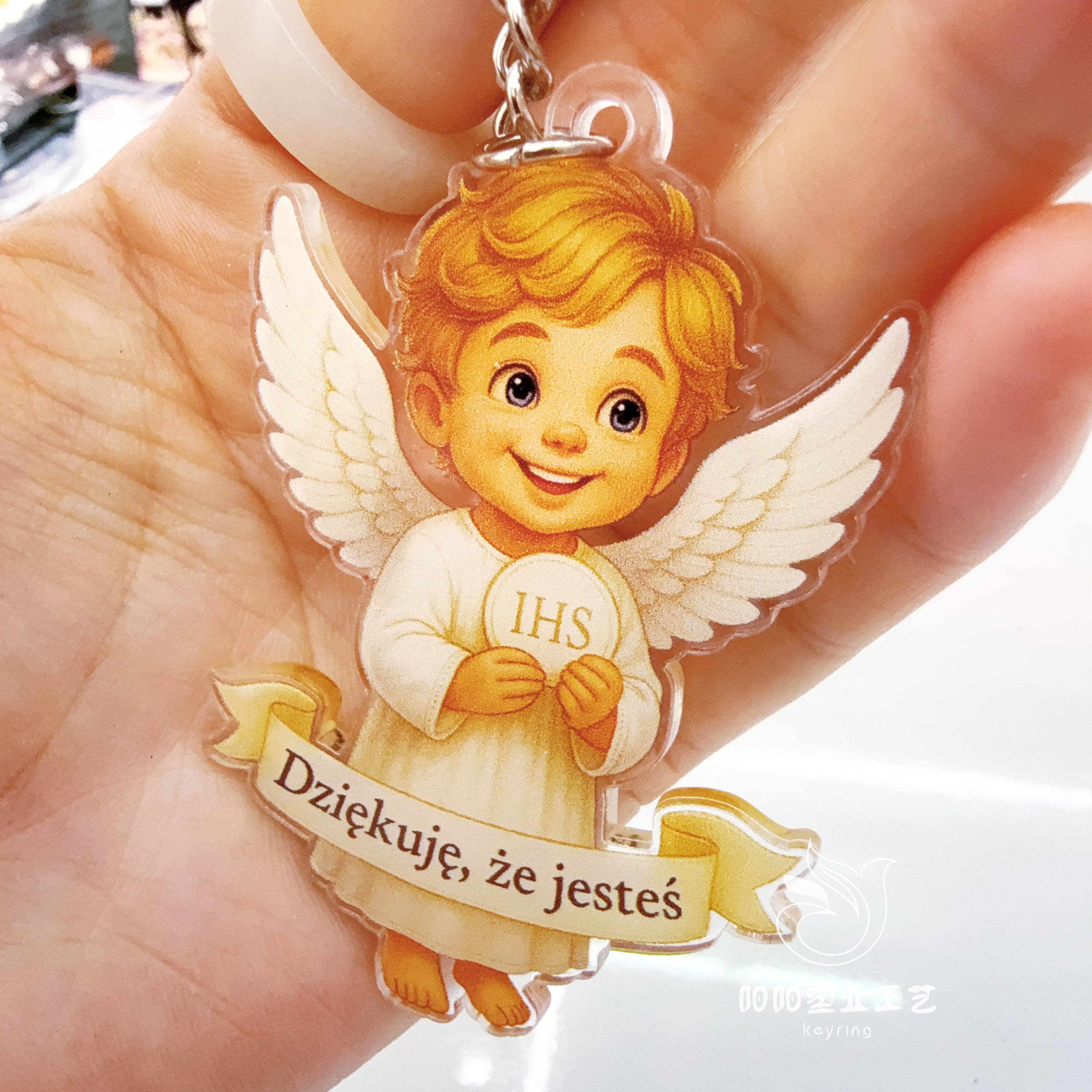 Keychain angel acrylic custom creative cartoon finely carved standing sign, key pendant, hanging decoration, anime double-layer rocking card, acrylic big head rocking card, acrylic big head rocking card Item Picture