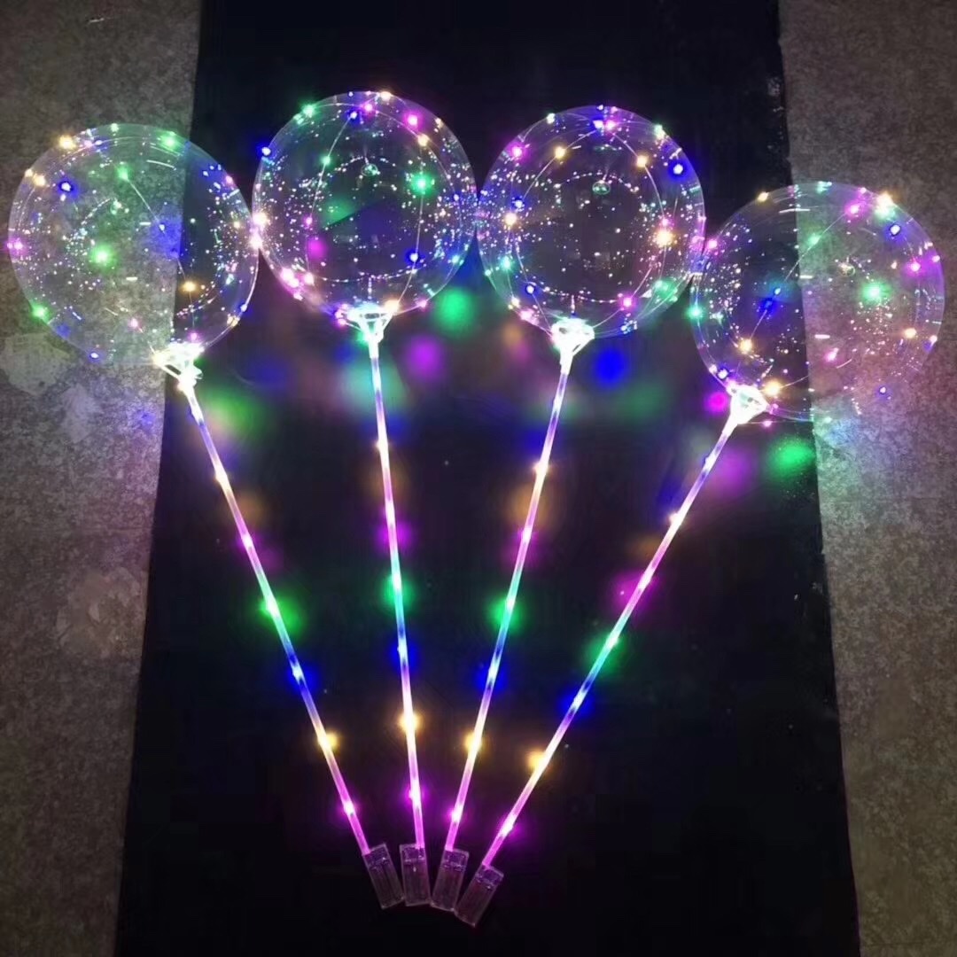 网红发光波波球带灯地推火爆气球手柄款发光透明气球