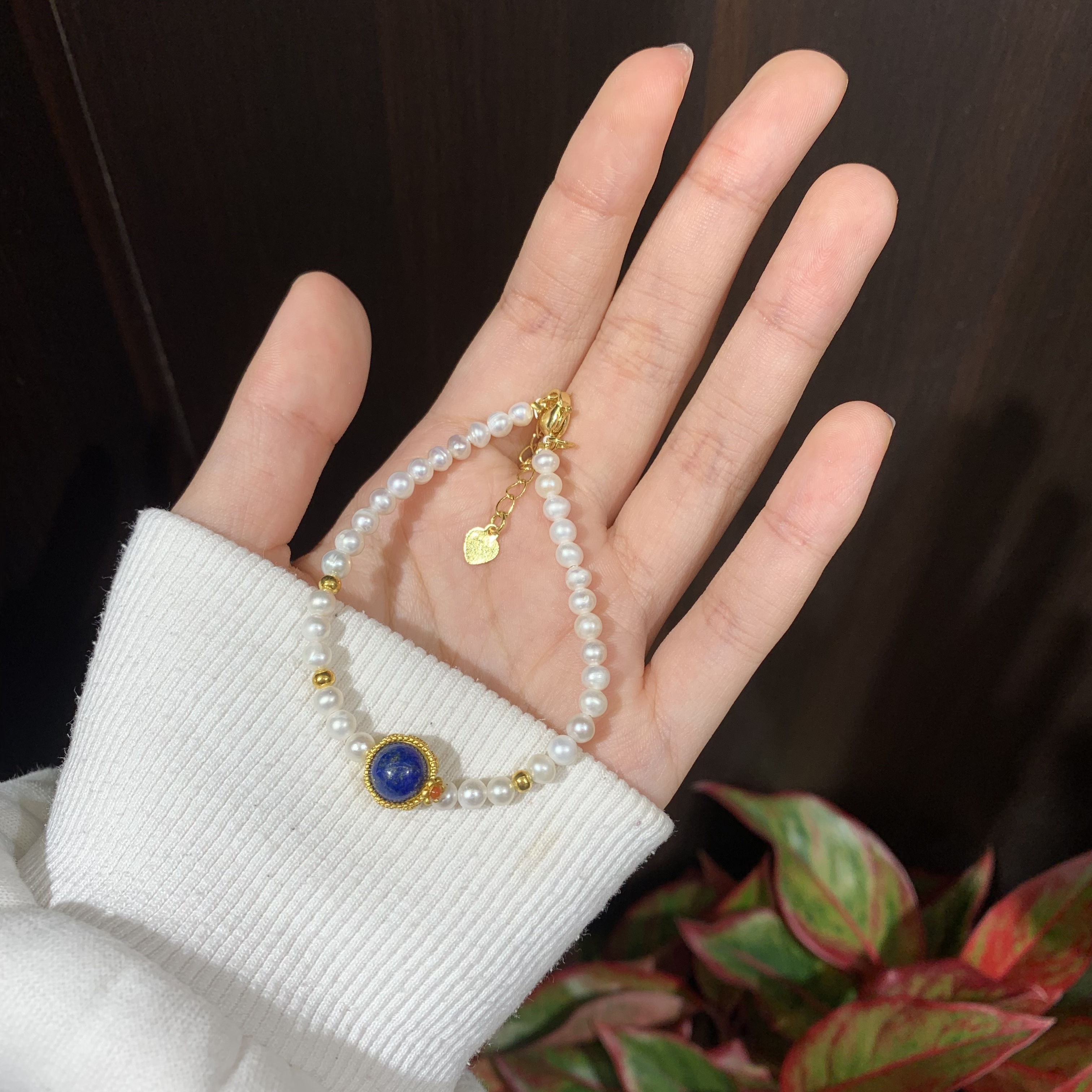 天然淡水珍珠青金石手串，原创设计手链