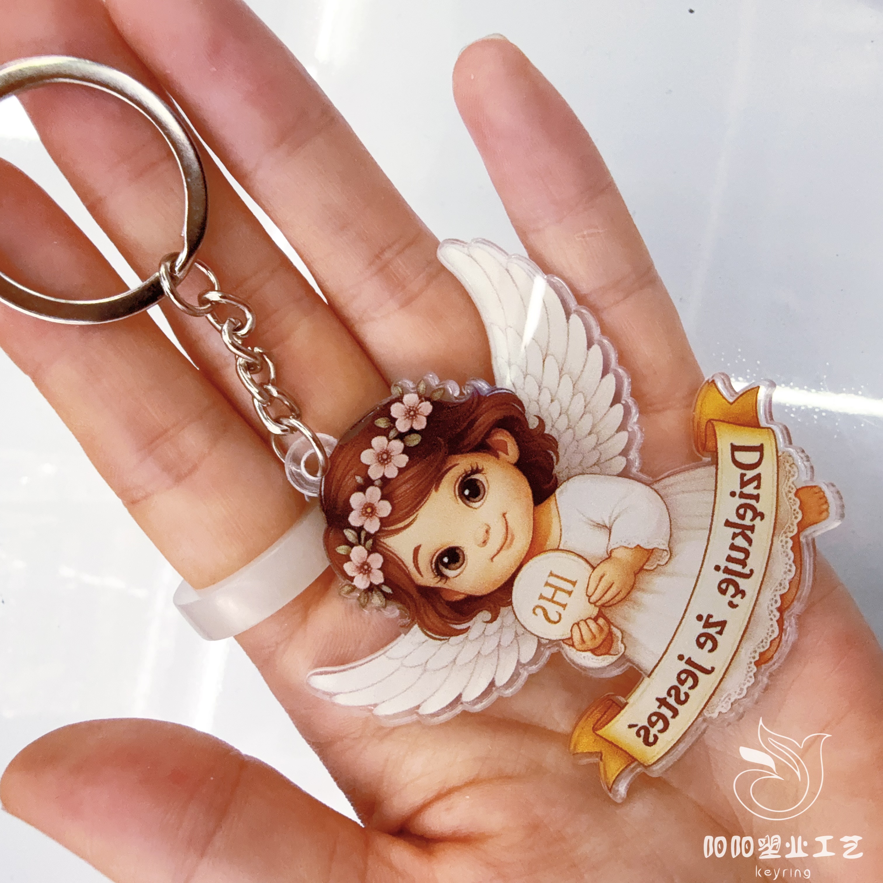 Keychain angel acrylic custom creative cartoon finely carved standing sign, key pendant, hanging decoration, anime double-layer rocking card, acrylic big head rocking card, acrylic big head rocking card details Picture