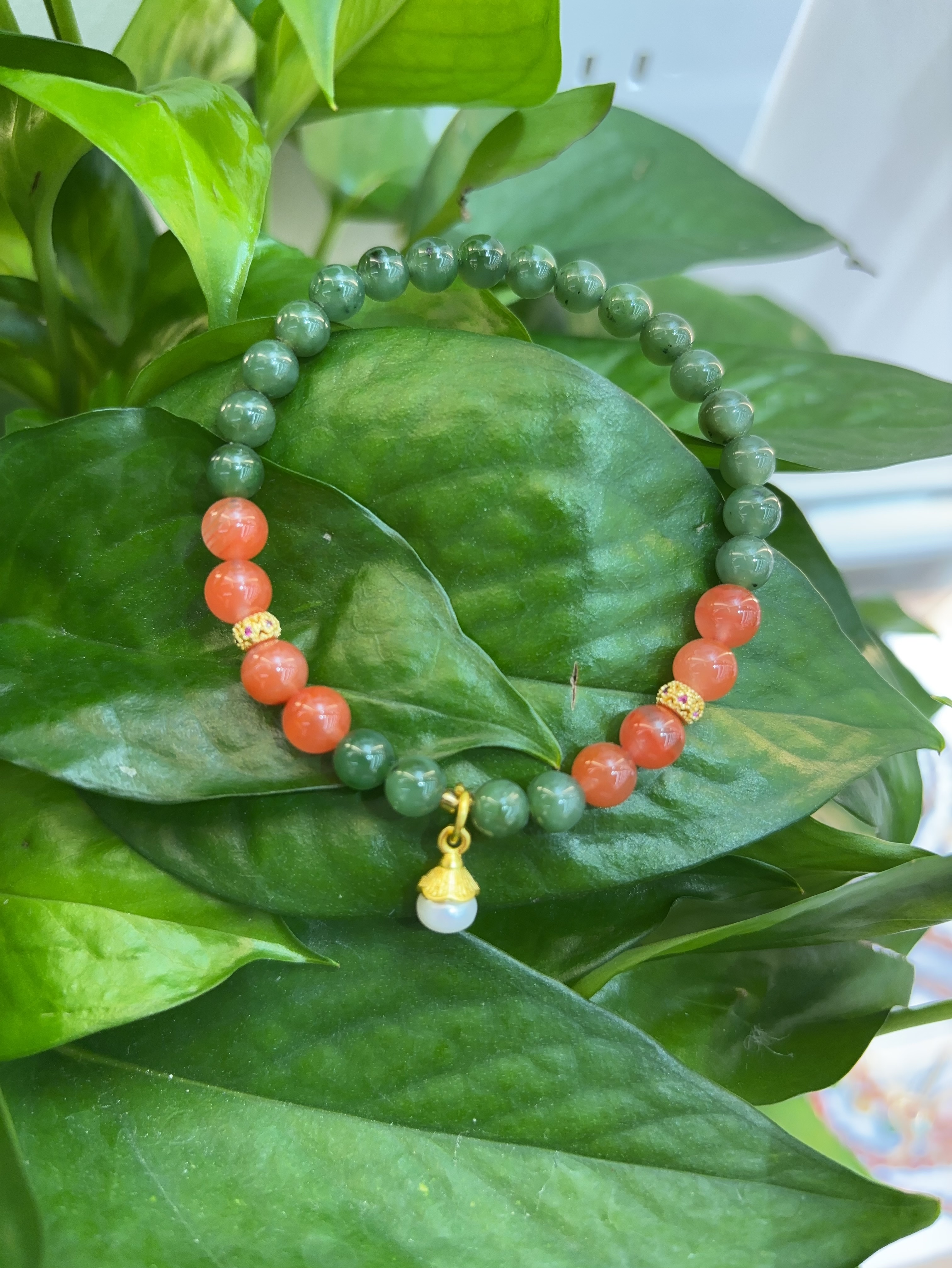 天然和田碧玉手链搭配盐源玛瑙桃子珍珠古风女小众原创手串饰品手链