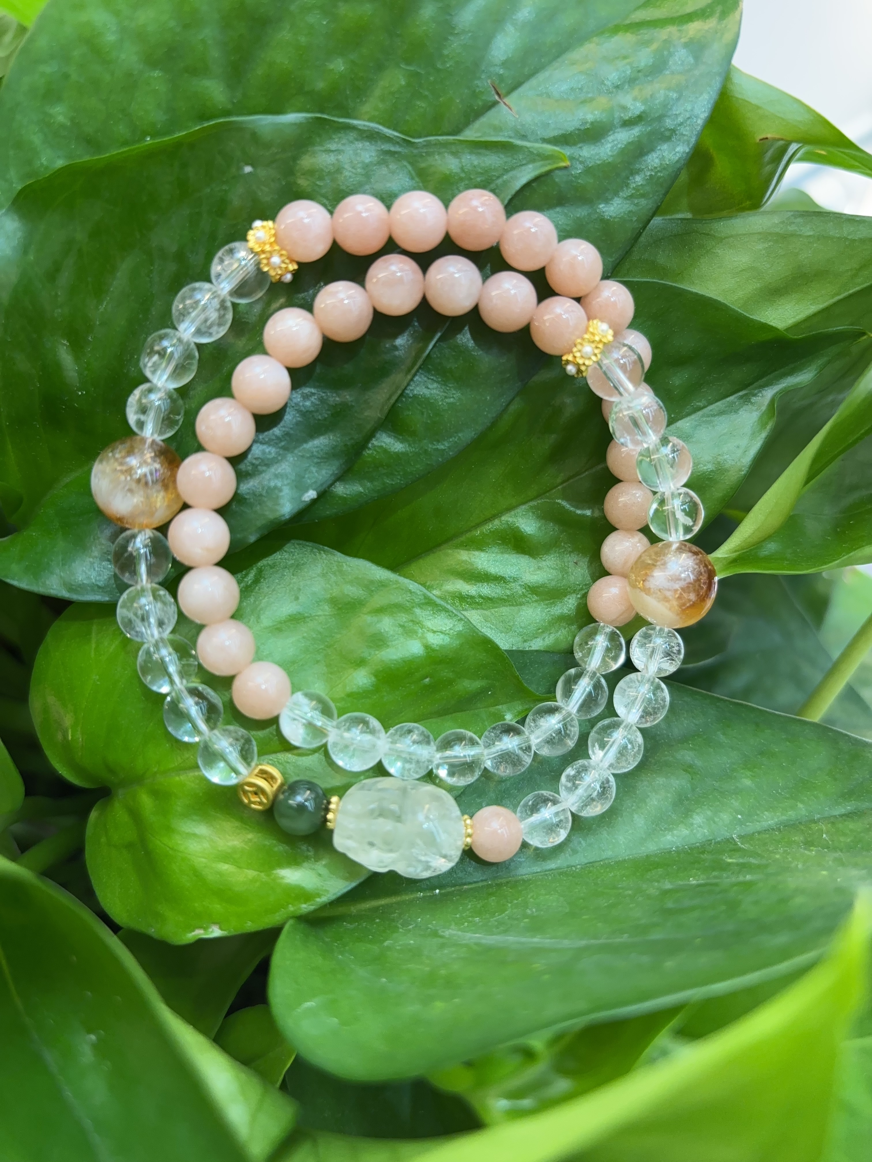 天然高冰透白水晶太阳石彩色串珠手链高级感女款叠戴貔貅手串黄塔柠檬水晶貔貅手链