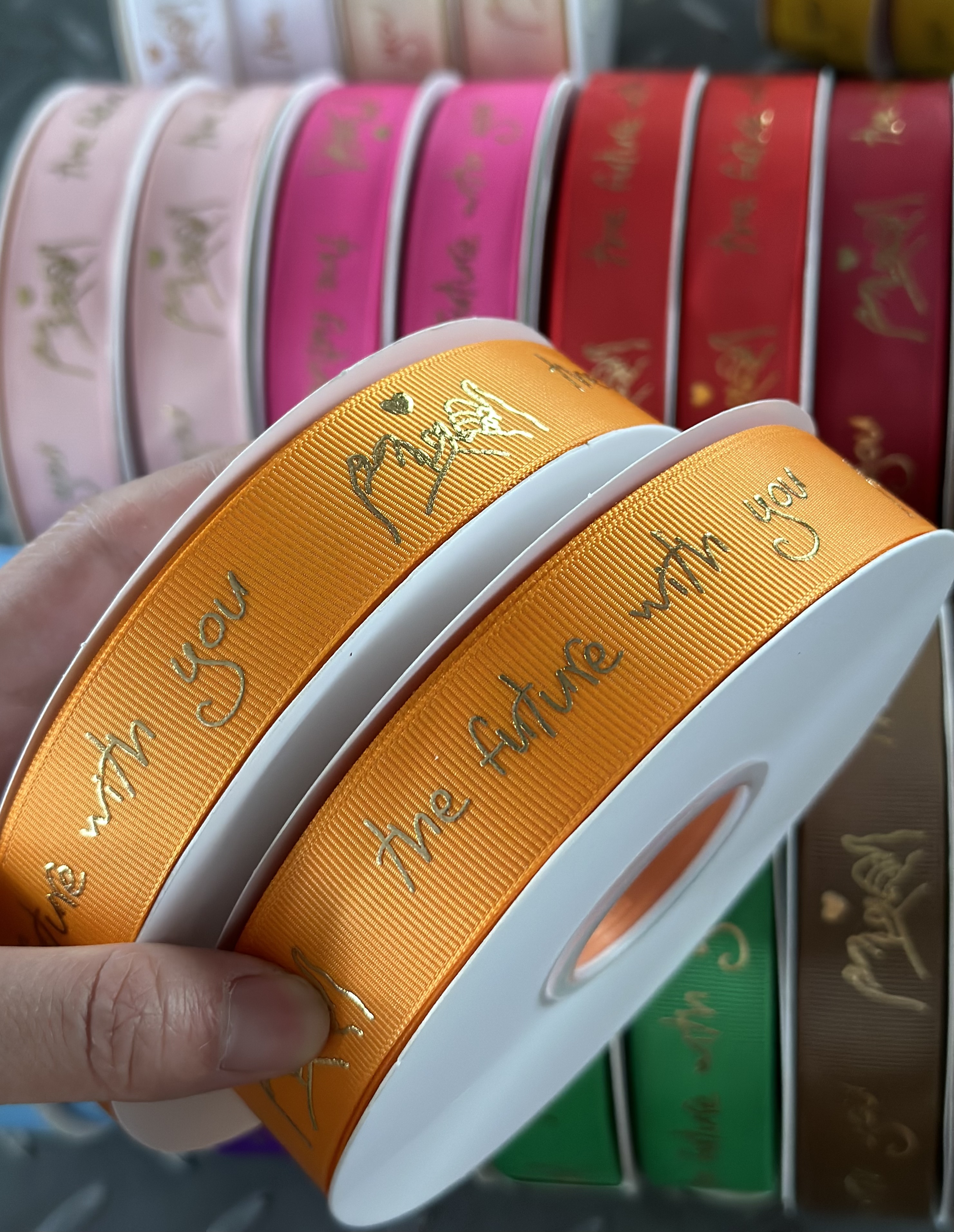 2.5cm English letter heat-set gold-embossed ribbon DIY flower gift packaging ribbon Valentine's Day ribbon details Picture