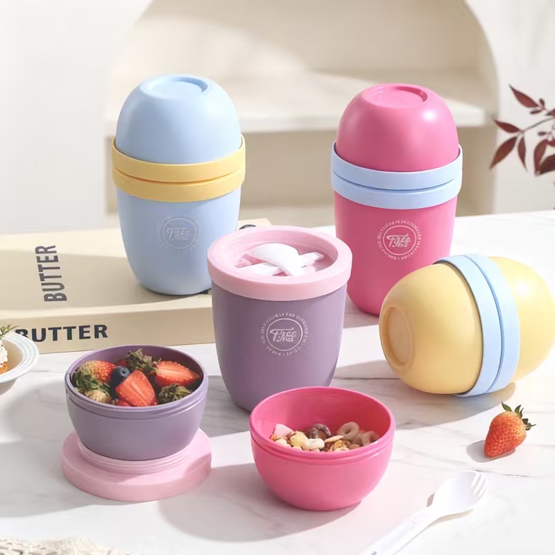 ins风便携双层沙拉杯 隔夜燕麦早餐杯带盖勺 食品级密封酸奶减脂外带杯详情3