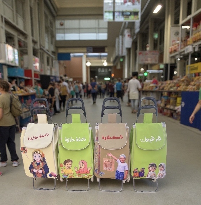 Customized patterned denim grocery cart, shopping cart, iron pipe, powder-coated frame, durable, portable, multi-functional, easy to carry, hand-pulled cart, small trolley, shopping cart, grocery cart full figure