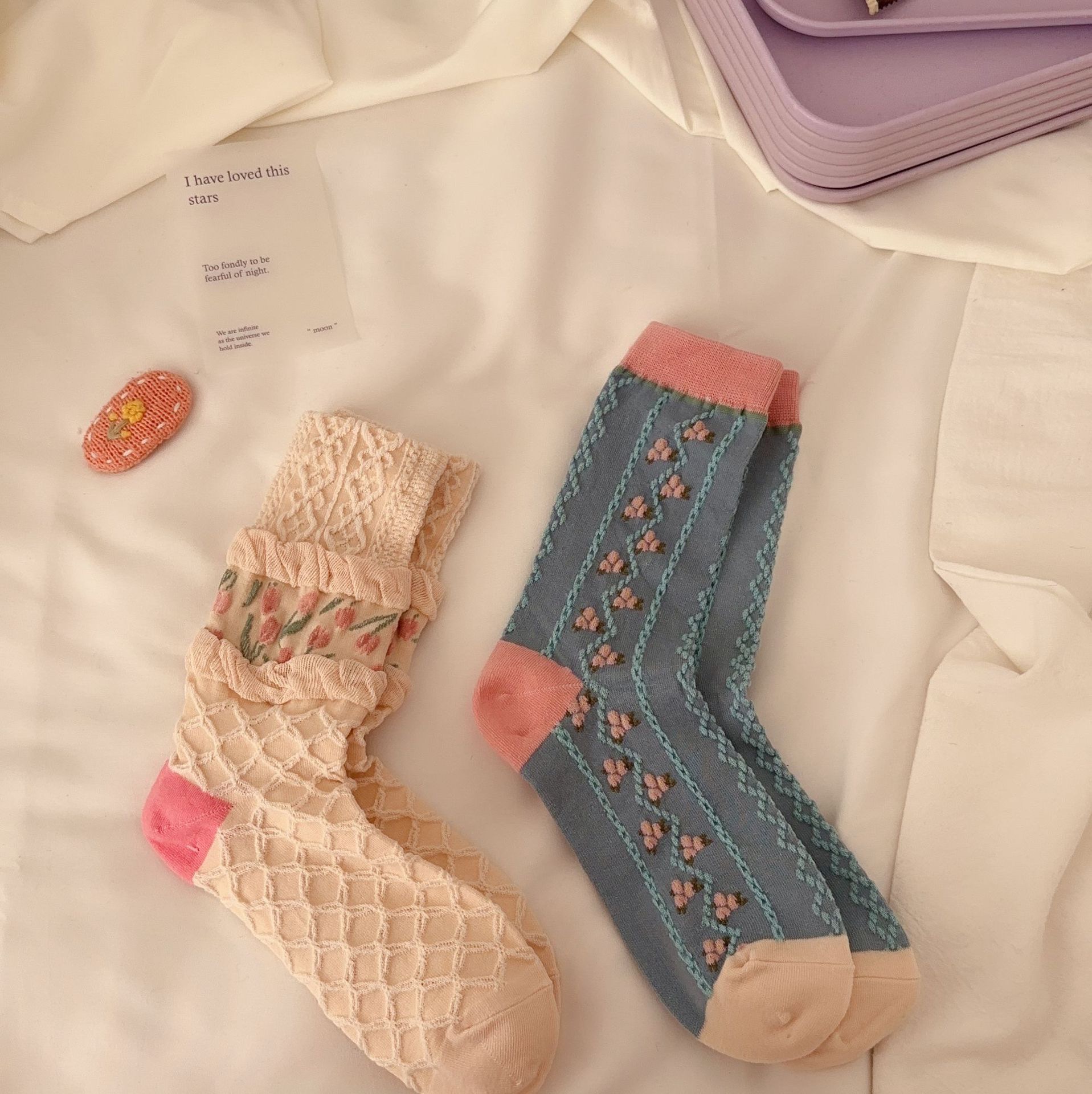 Fresh tulip, versatile for ladies, cotton mid-length socks, retro style for women, courtly girlish, cute style detail image 8