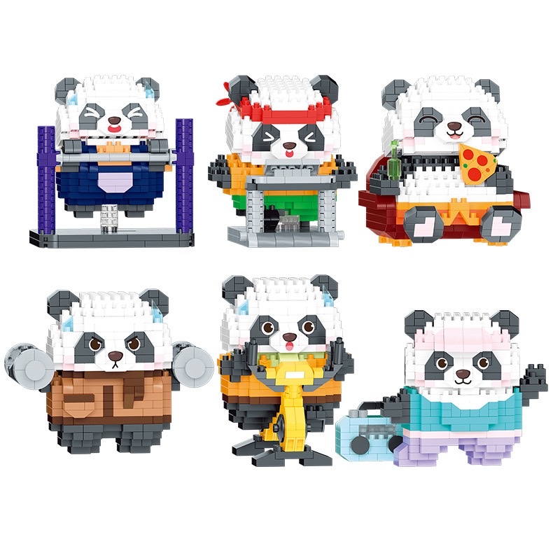贝乐迪小颗粒创意积木玩具16386 熊猫套装健身熊猫系列批发代发 白底实物图