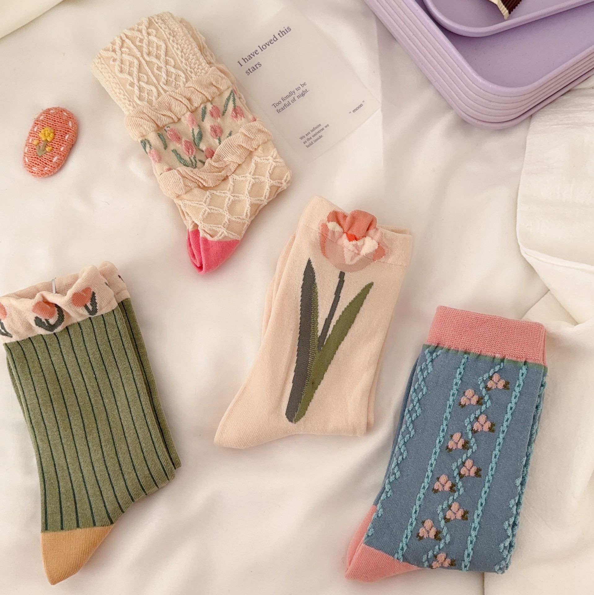Fresh tulip, versatile for ladies, cotton mid-length socks, retro style for women, courtly girlish, cute style detail image 10