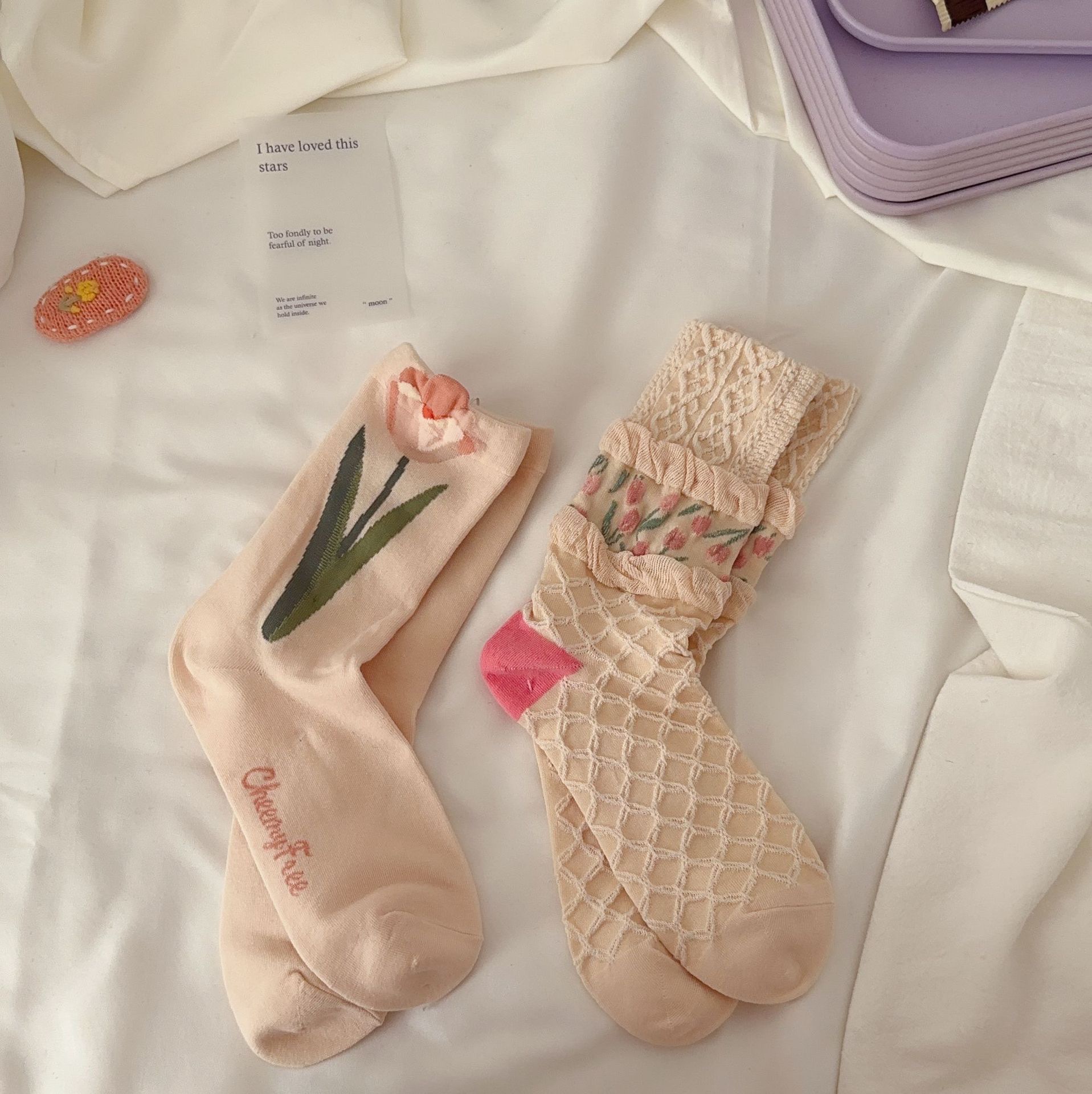 Fresh tulip, versatile for ladies, cotton mid-length socks, retro style for women, courtly girlish, cute style detail image 6