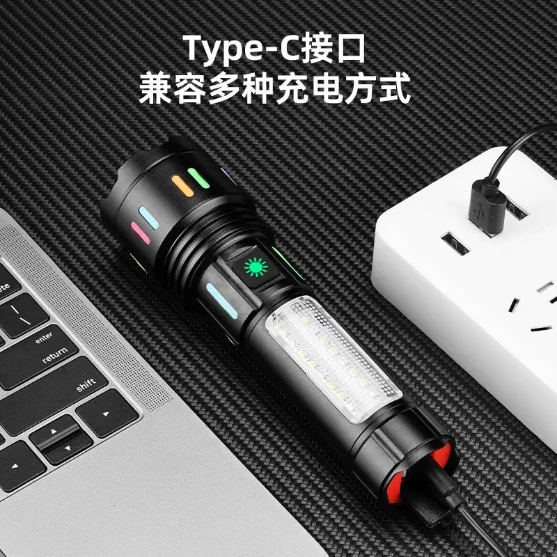 led铝合金手电筒强光镭射炮长续航户外充电多功能应急COB工作灯细节图