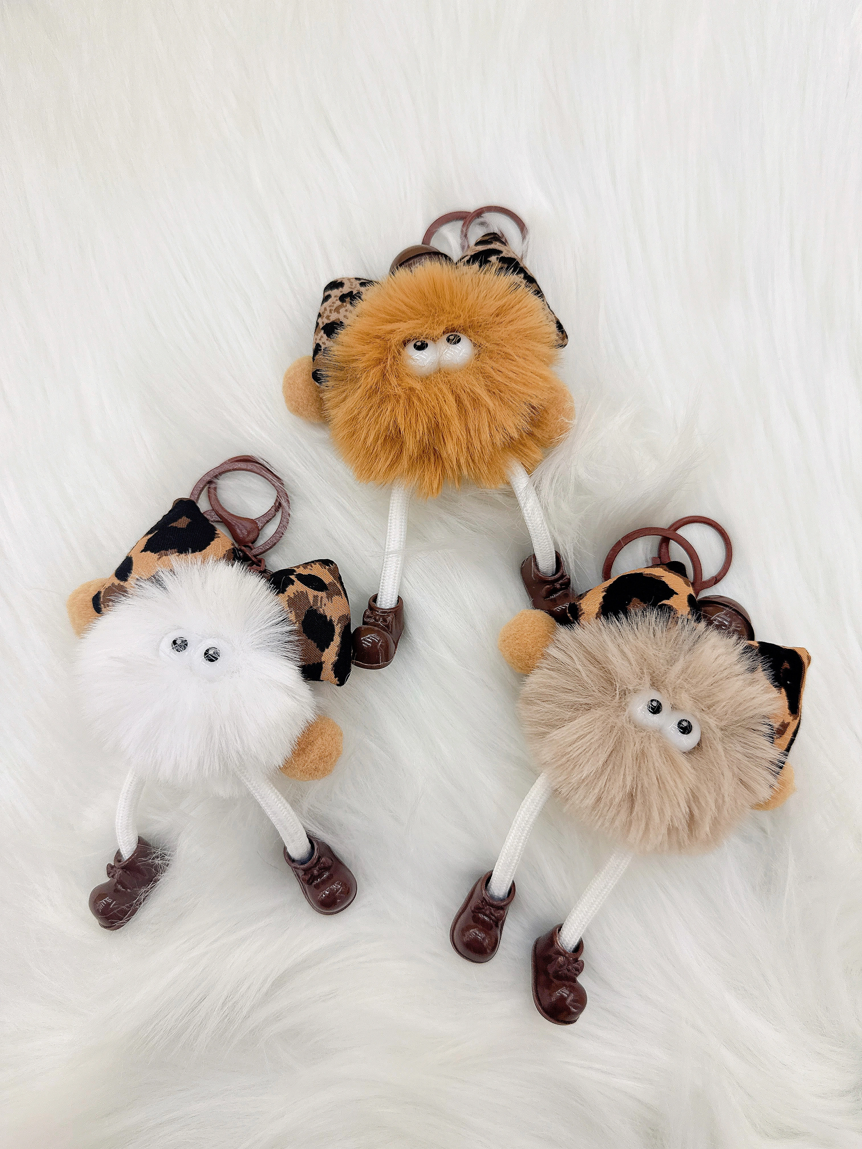 Cute rabbit fur leopard print bow, small coal ball bag pendant, plush car keychain pendant, gift detail image 2