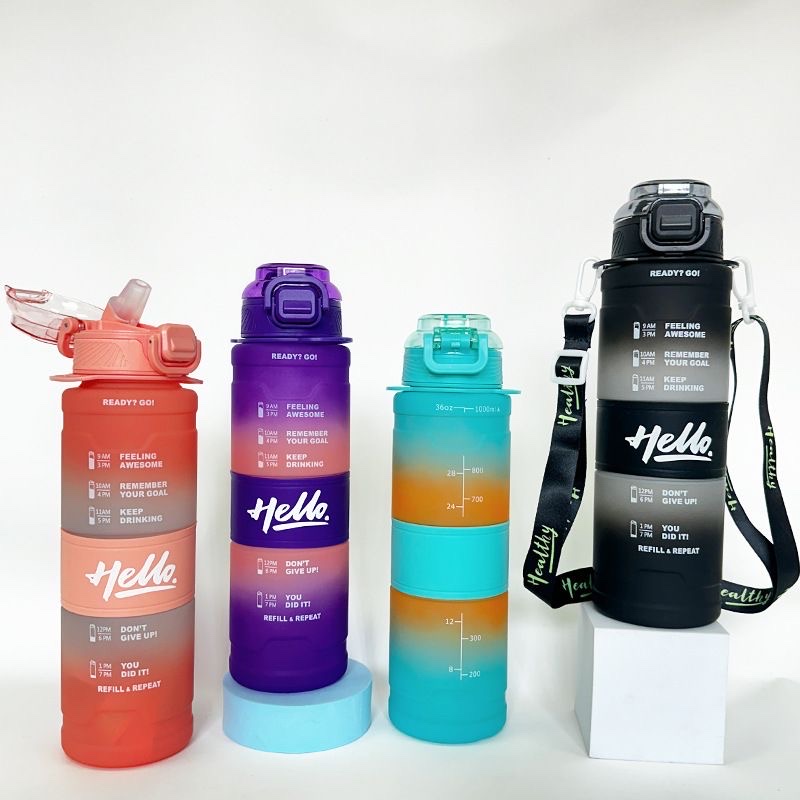 New gradient color space cups, straws, portable straps, plastic water bottles, outdoor fitness and sports water bottles 800ML/1000ML Item Picture