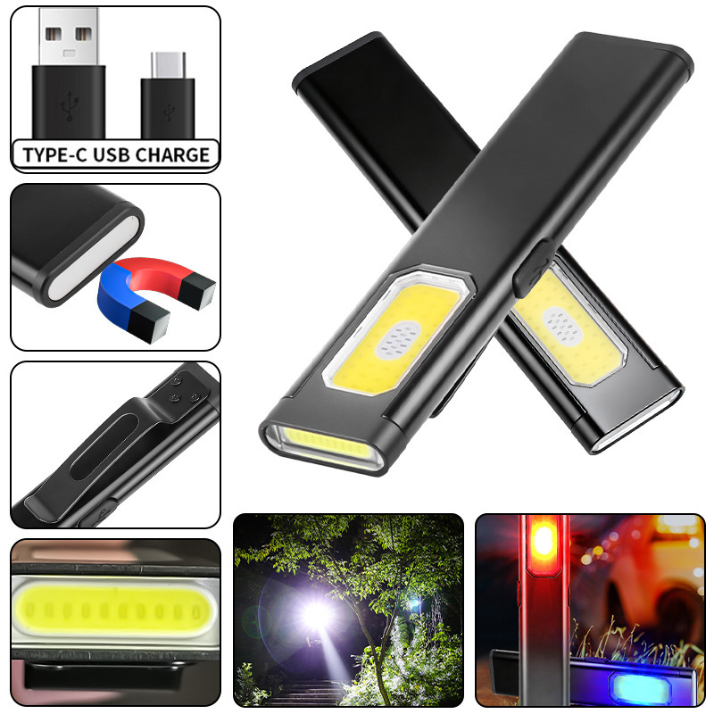 新款便携COB LED手电筒尾部带磁铁USB充电带背夹户外工作灯