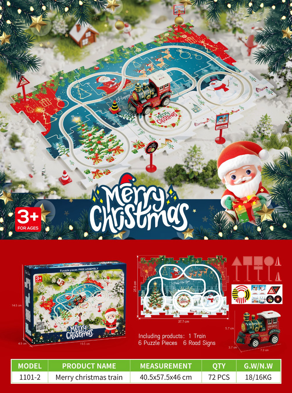 This is a Christmas-themed educational toy, featuring 6 pieces of jigsaw puzzles, 1 little train and 6 road signs. It can be assembled into a track scene and is suitable for children aged 3 and above. It combines fun and decoration, creating a festive atmosphere