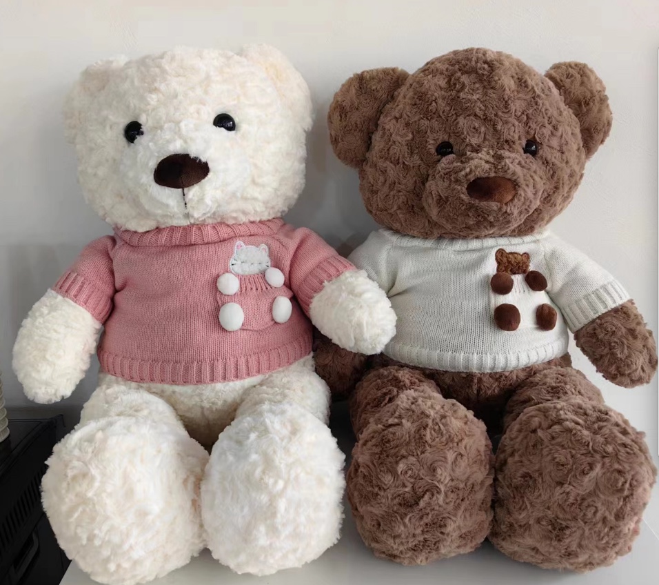 Cute sweater, bear plush toy, little girl hugging the bear, sleeping bear doll on the bed, Children's Day gift, plush toy, plush doll